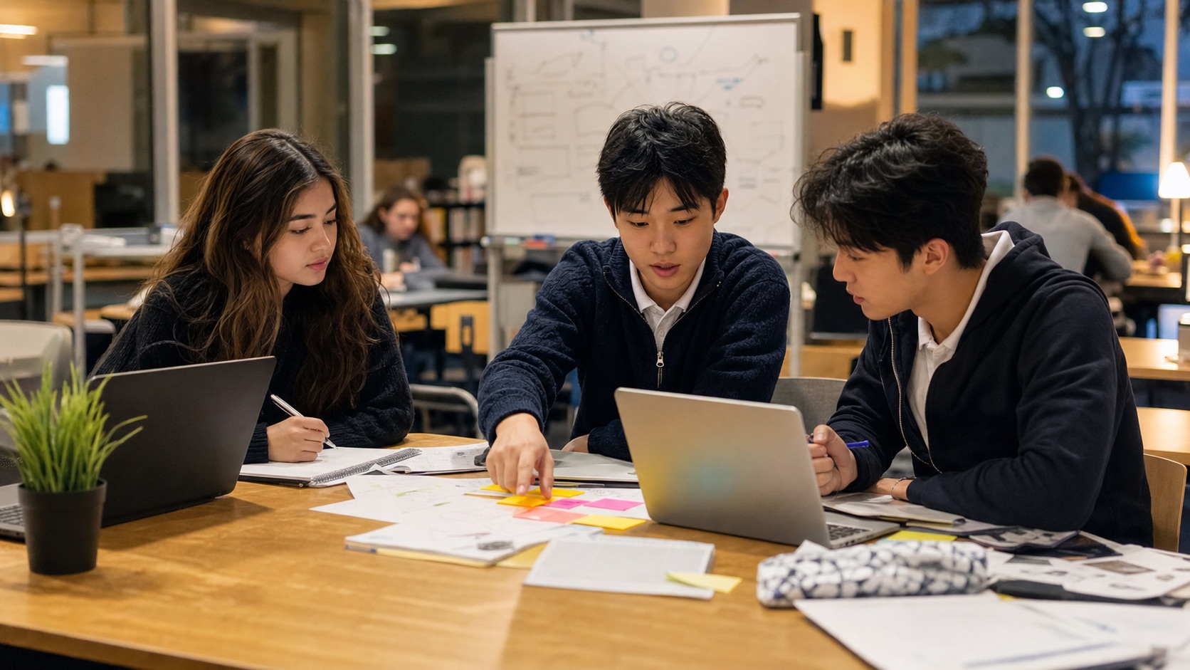 Students reviewing venture notes during a Thursday meeting
