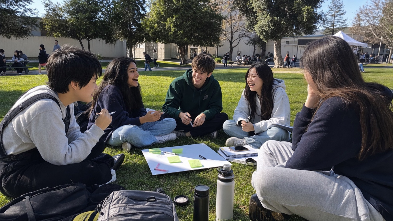 Students brainstorming outside on a campus lawn