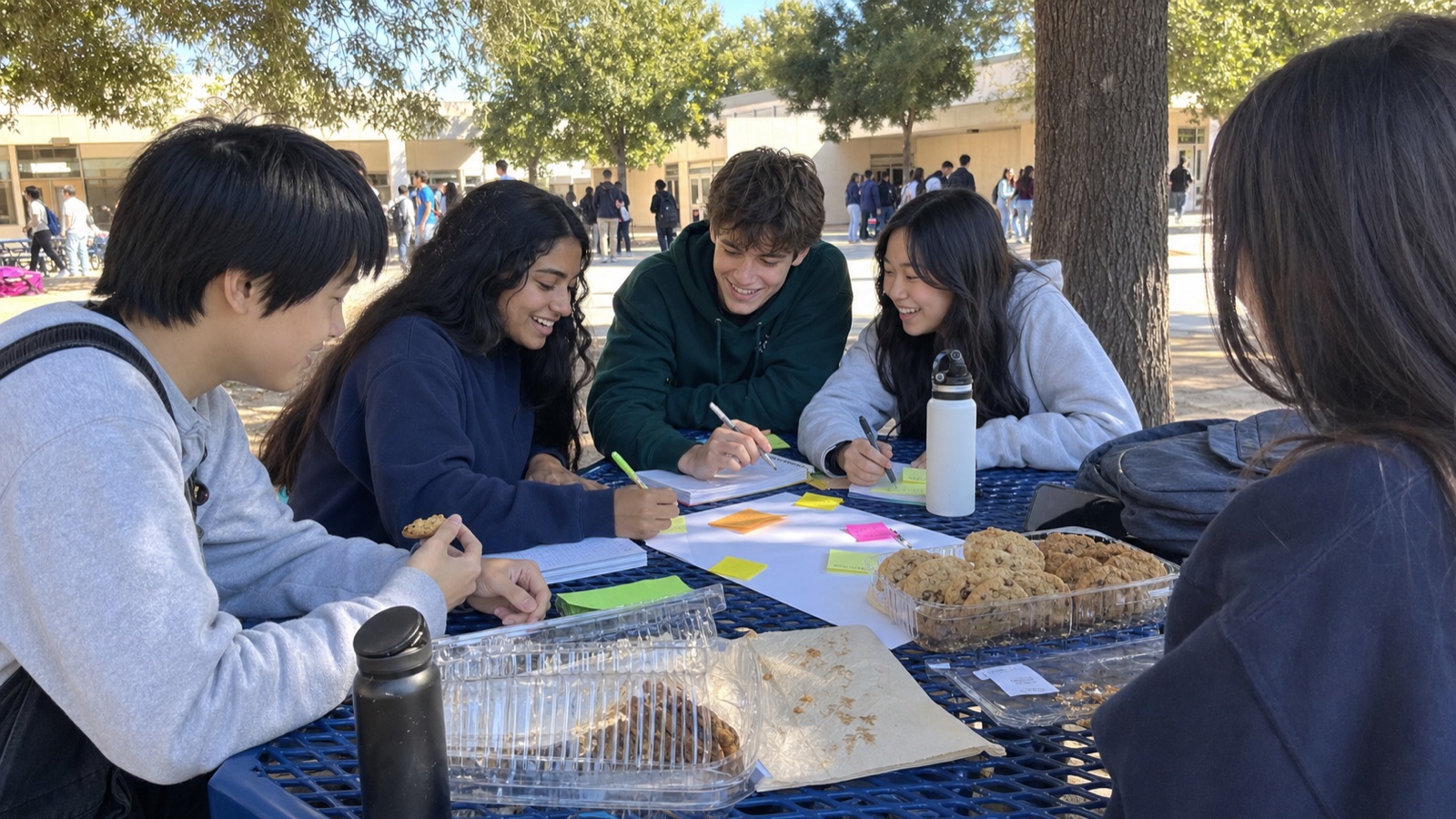 Students planning a snack fundraiser at an outdoor table