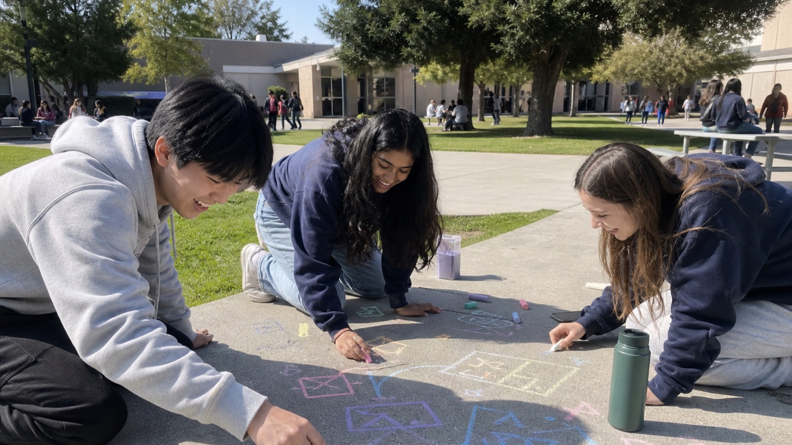Students sketching an event plan with sidewalk chalk