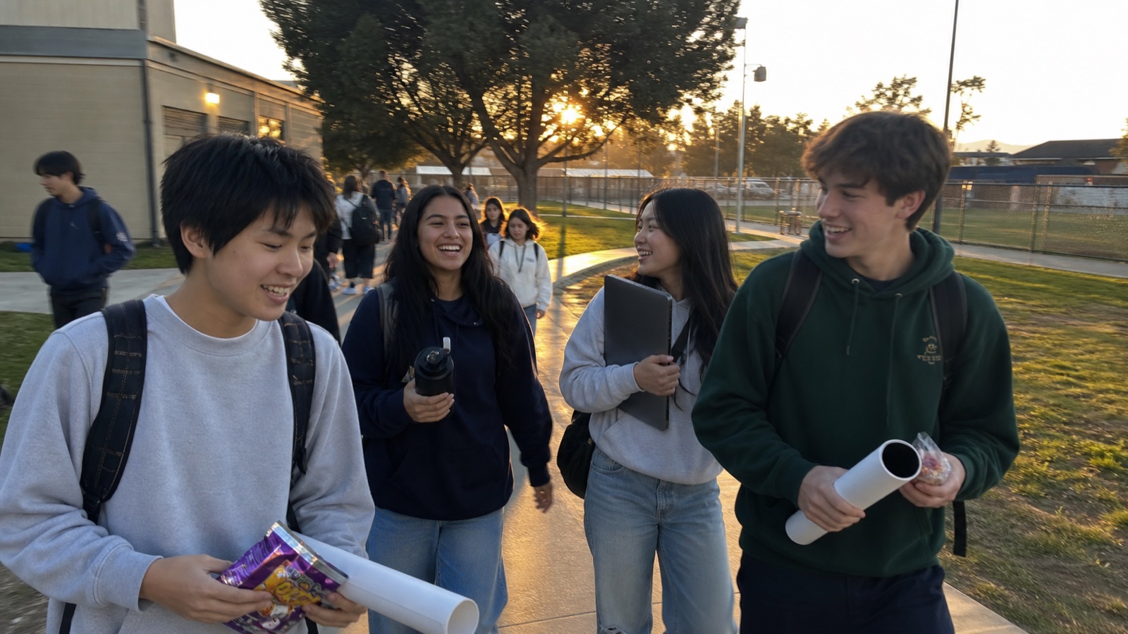 Students walking across campus with posters and backpacks