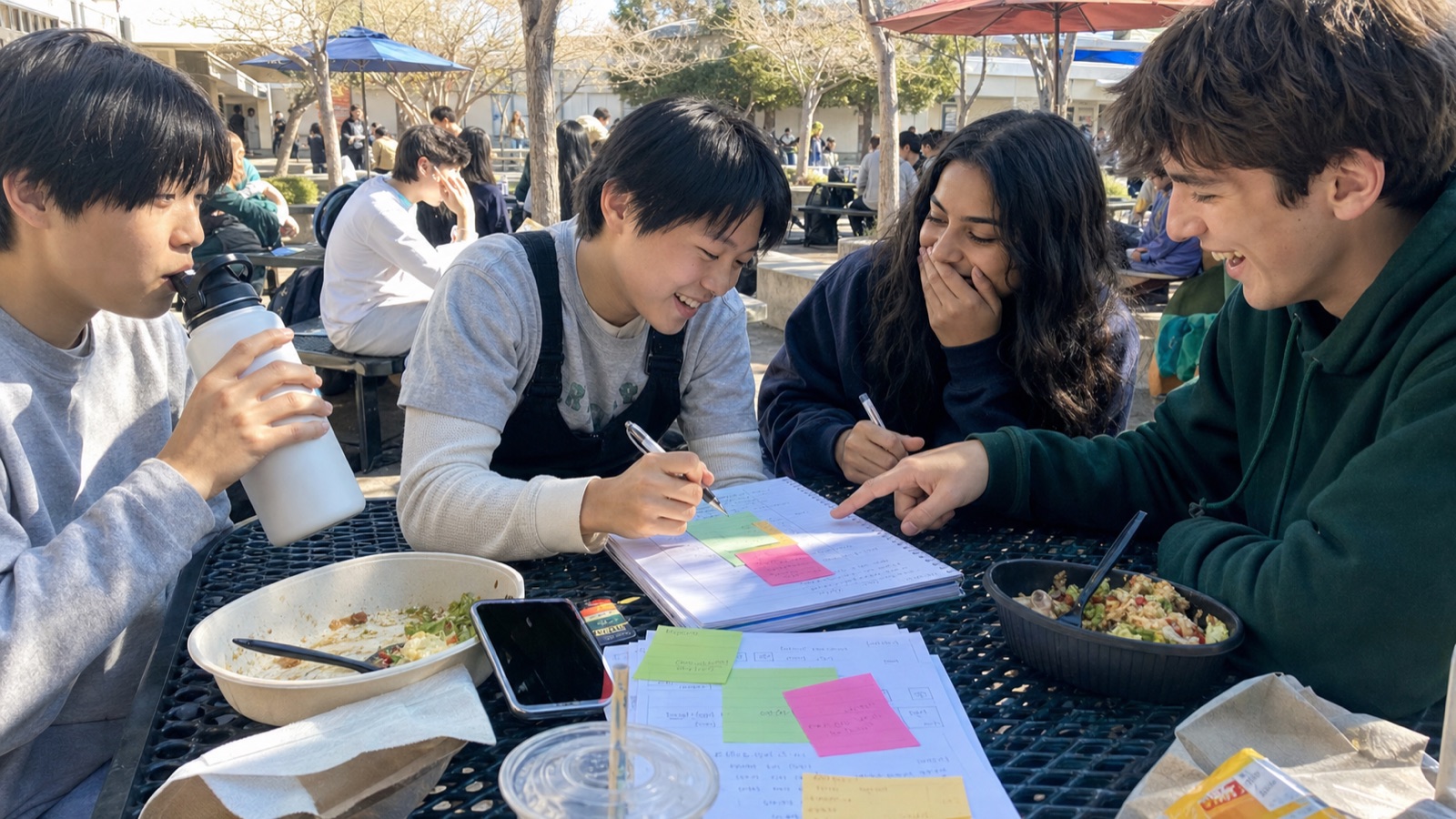 Students doing pricing math at an outdoor lunch table