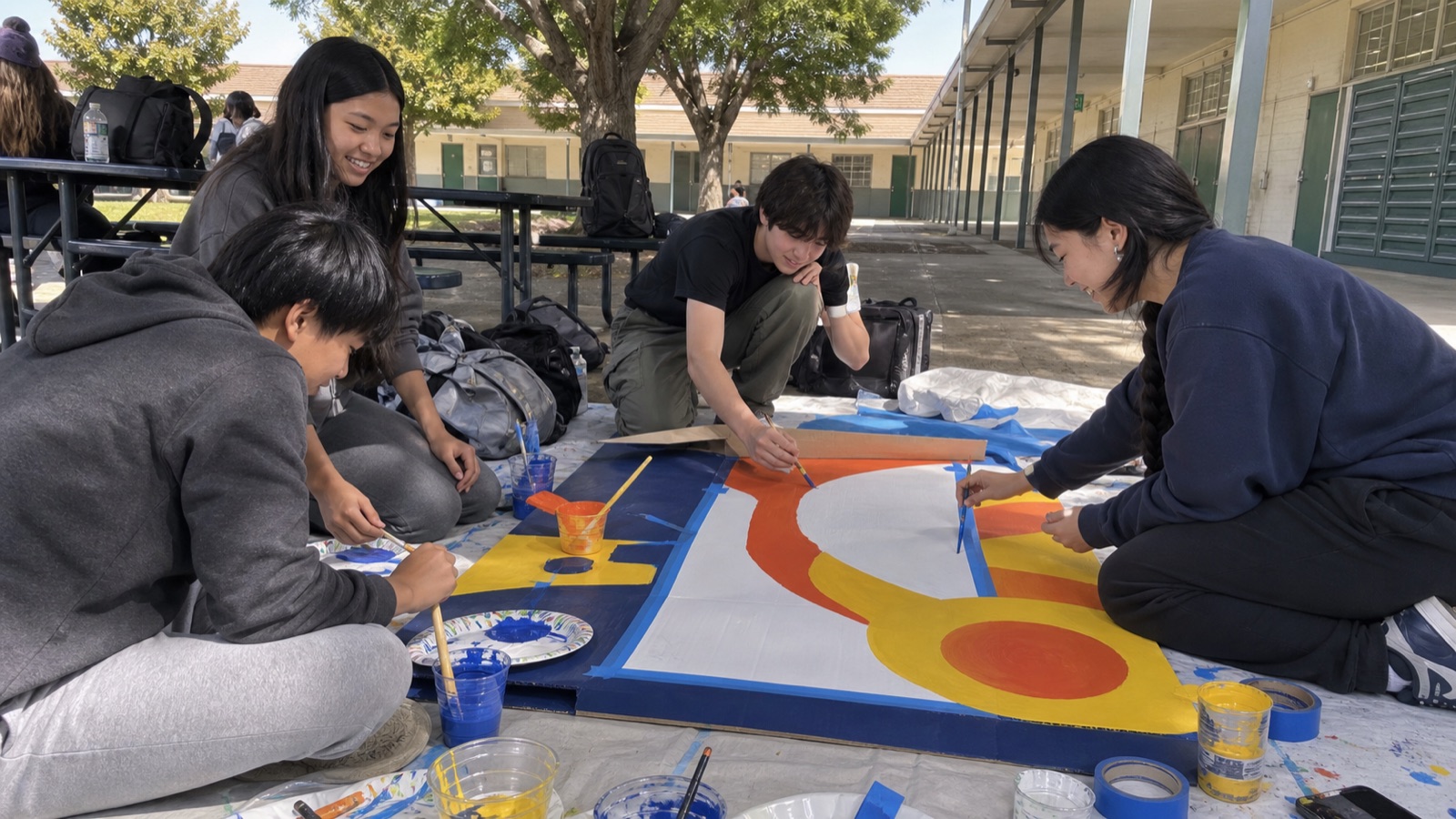 Students painting a booth sign outside