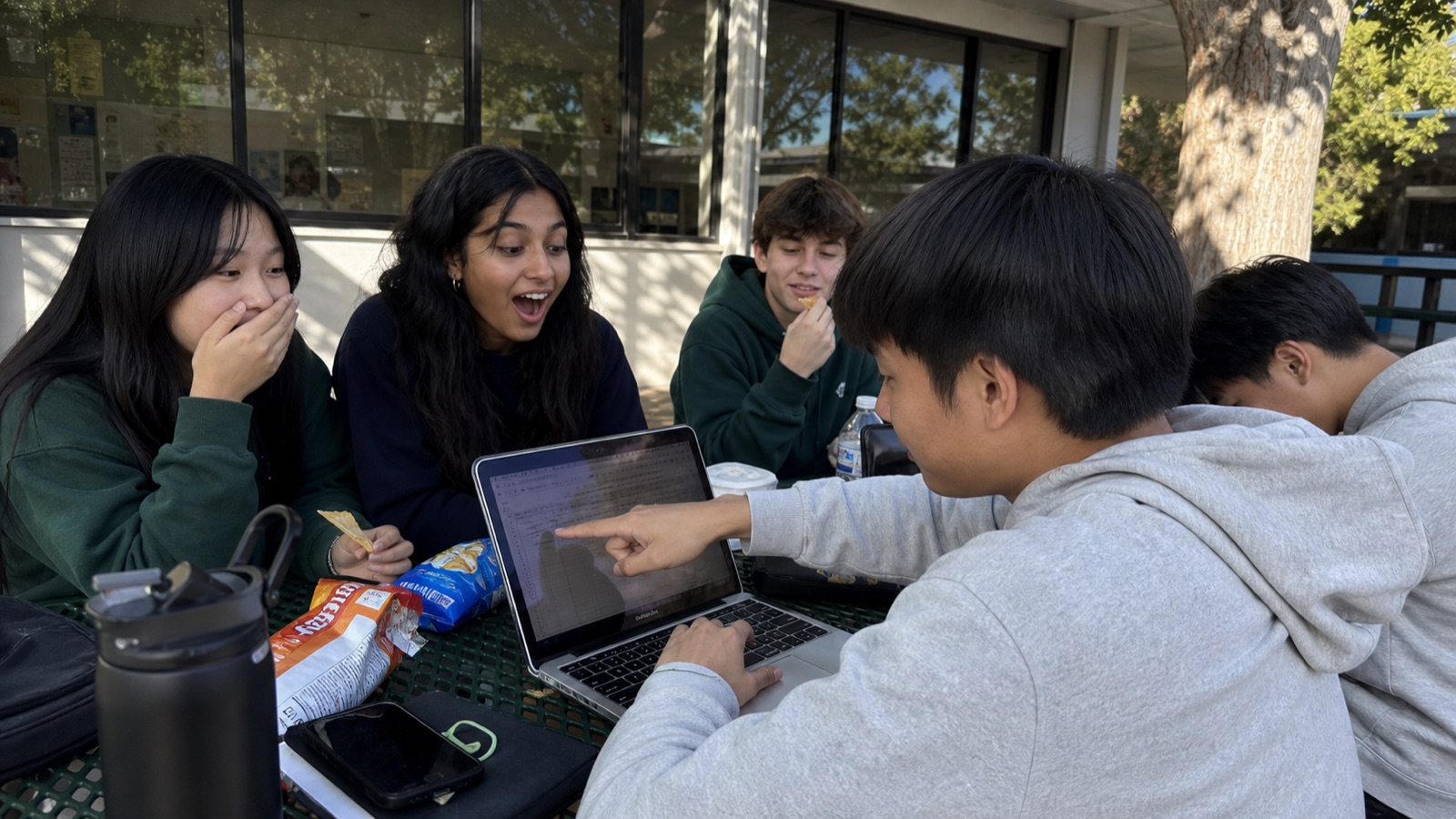 Students using a laptop outside while eating snacks