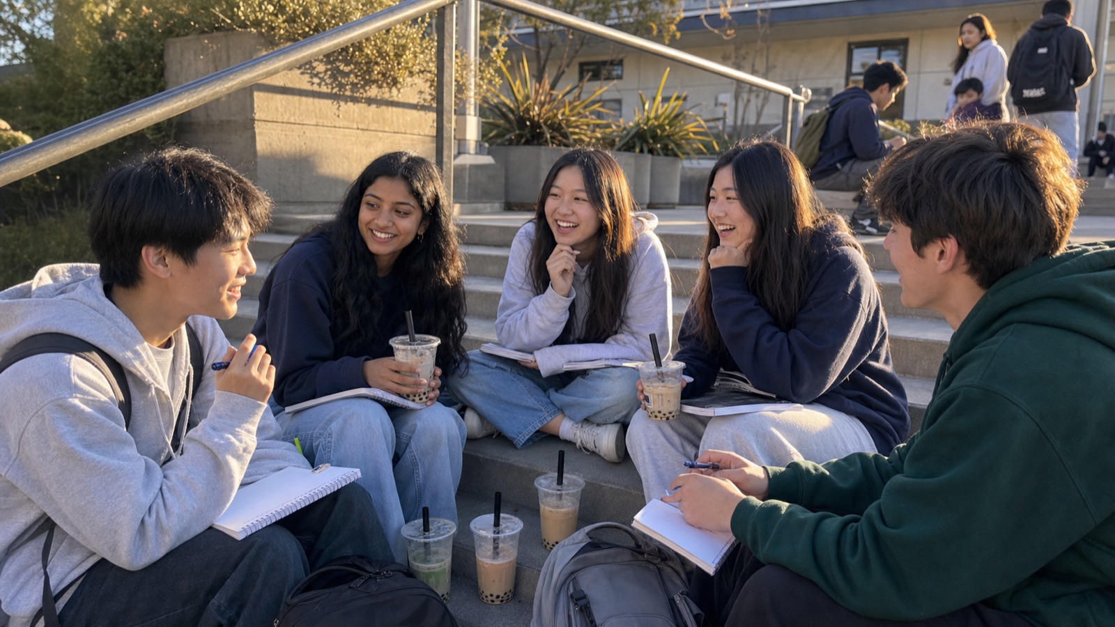 Students sitting on campus steps with notebooks and drinks