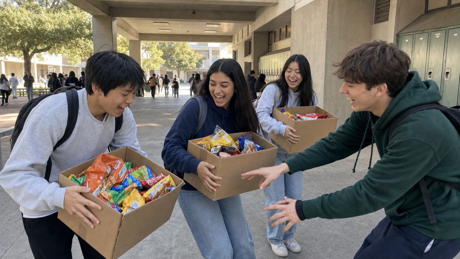 Students carrying boxes of snacks across campus