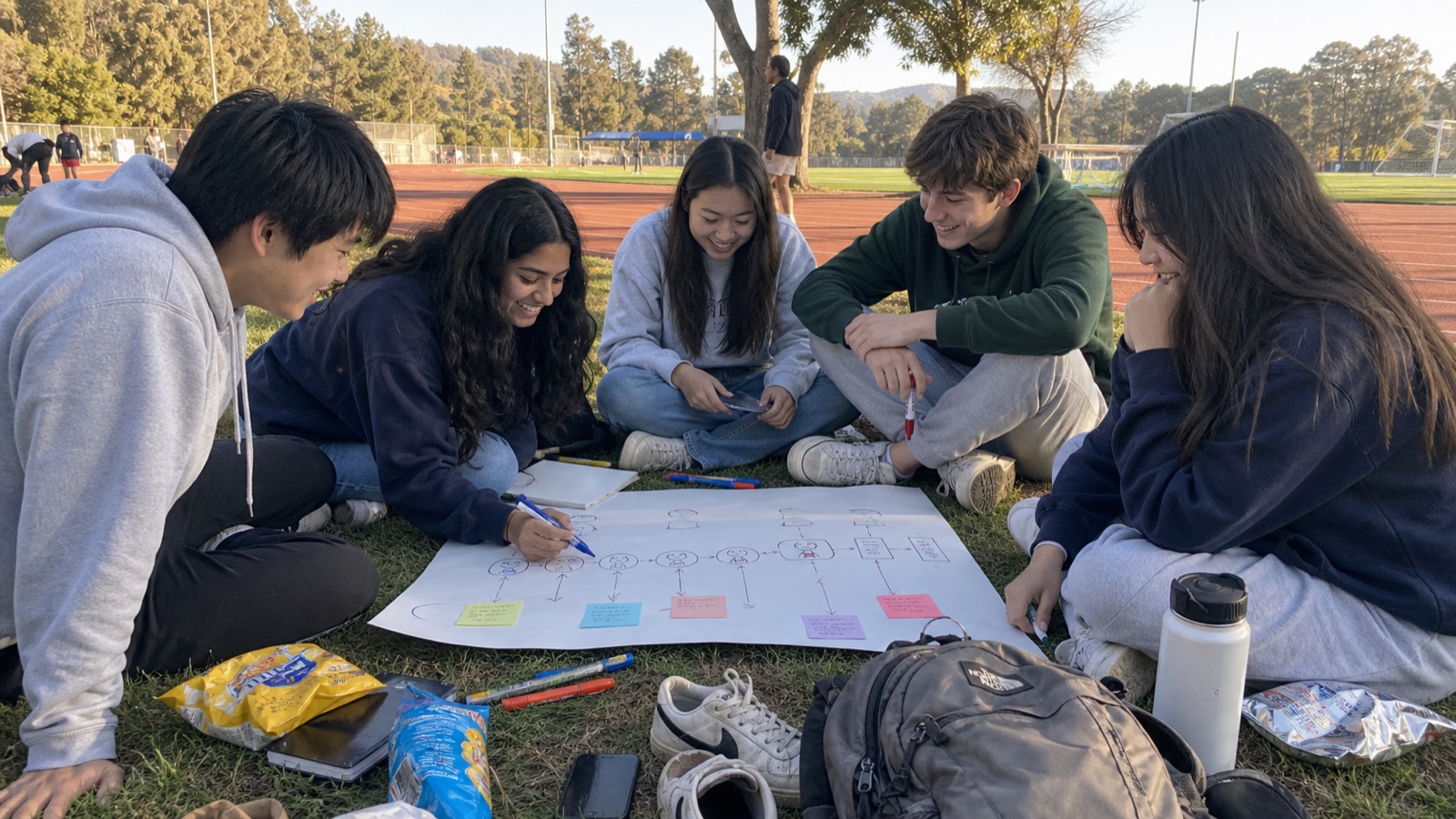 Students drawing a customer journey map on paper near a track
