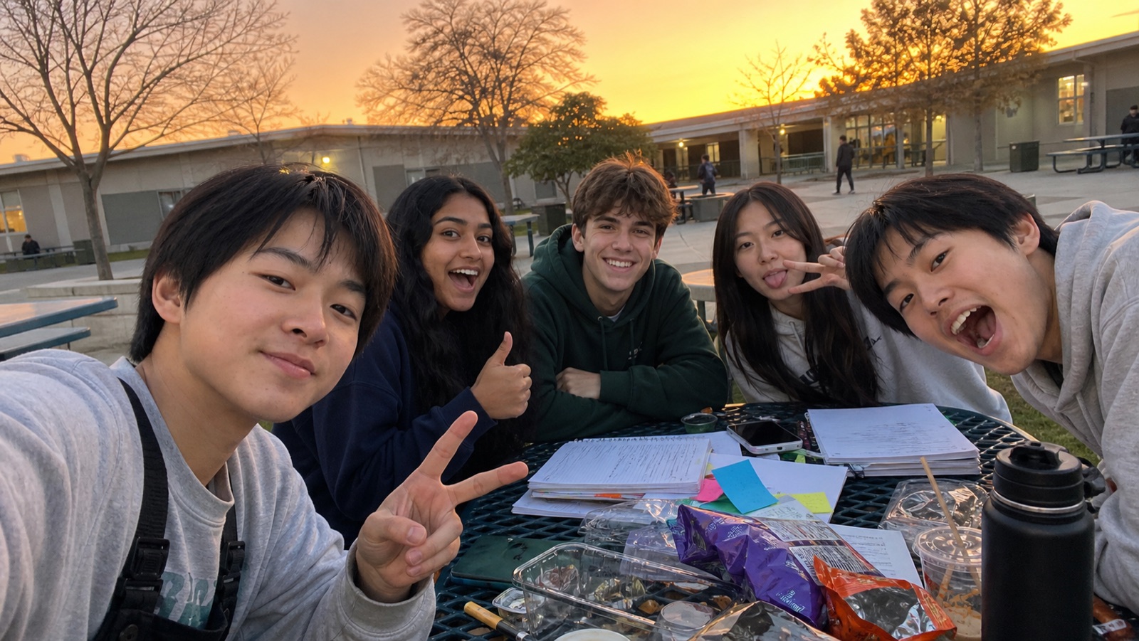 Students taking a relaxed group selfie outdoors