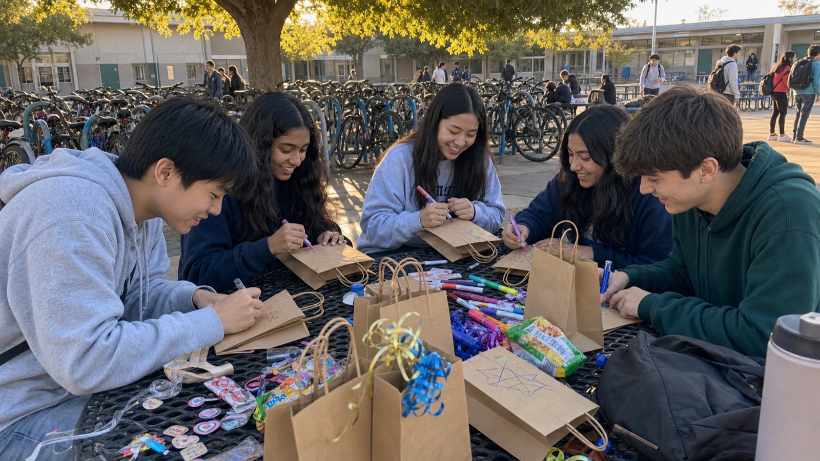 Students decorating thank-you bags near campus bike racks